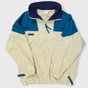 Vintage Columbia Jacket Size M/L Beige Teal Colorblock Windbreaker 80s USA